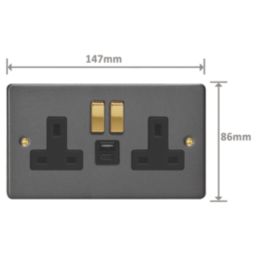 Varilight  13A 2-Gang SP Switched Socket + 4A 20W 2-Outlet Type A & C USB Charger Graphite Grey with Black Inserts