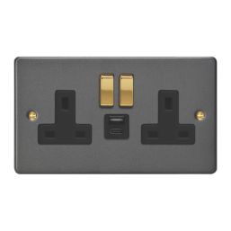 Varilight  13A 2-Gang SP Switched Socket + 4A 20W 2-Outlet Type A & C USB Charger Graphite Grey with Black Inserts