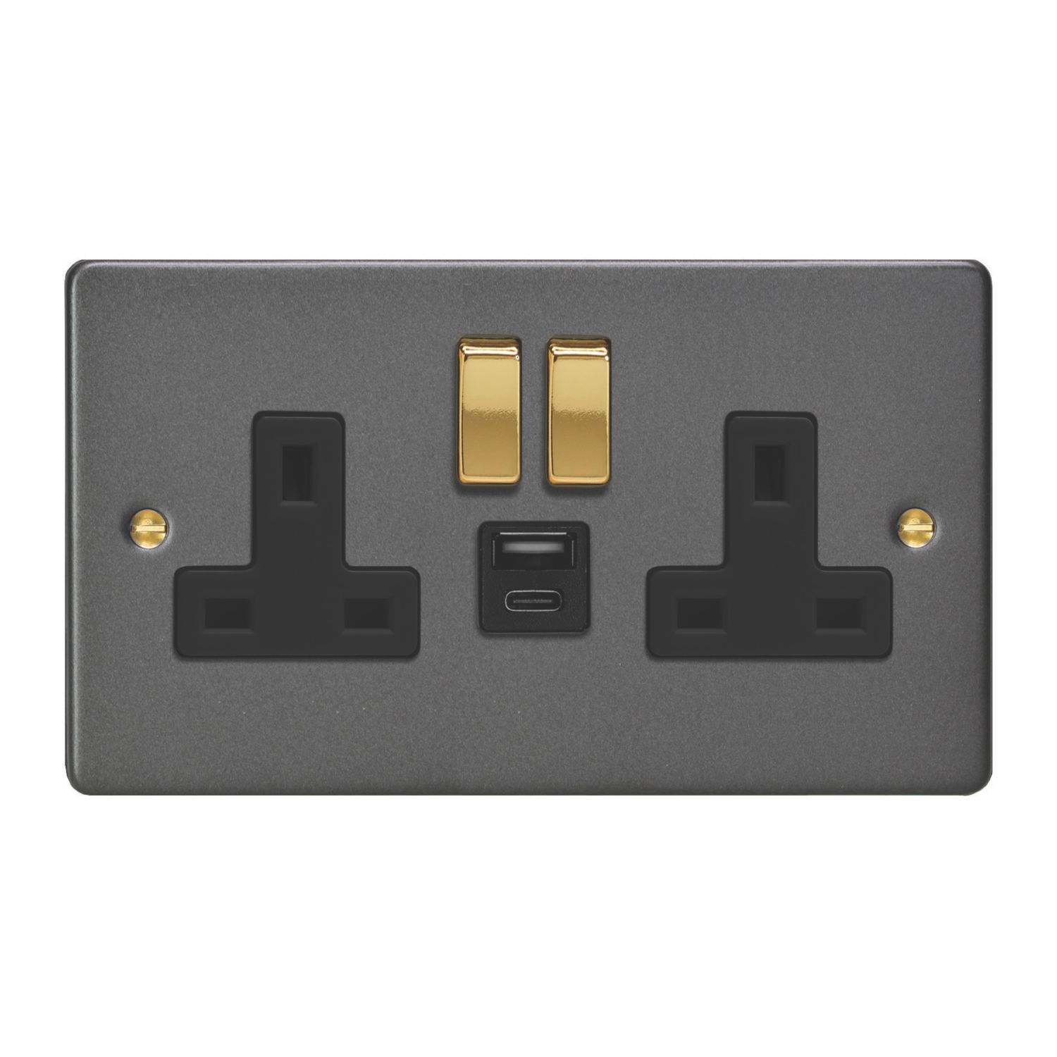 Varilight 13A 2-Gang SP Switched Socket + 4A 20W 2-Outlet Type A & C USB Charger Graphite Grey with Black Inserts (246EA)