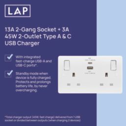 LAP  13A 2-Gang SP Switched Socket + 3A 45W 2-Outlet Type A & C USB Charger White