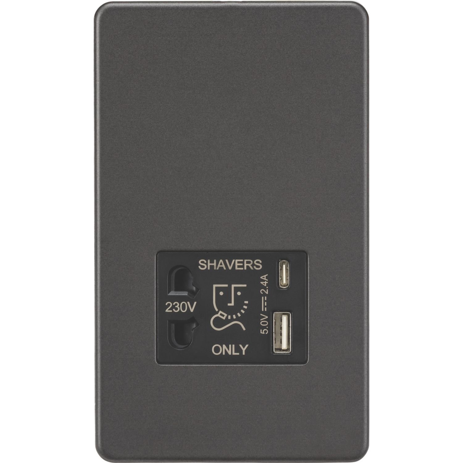 Knightsbridge 2-Gang Single Voltage Shaver Socket+ 2.4A 12W 2-Outlet Type A & C USB Charger 230V Smoked Bronze with Black Inserts (246PX)