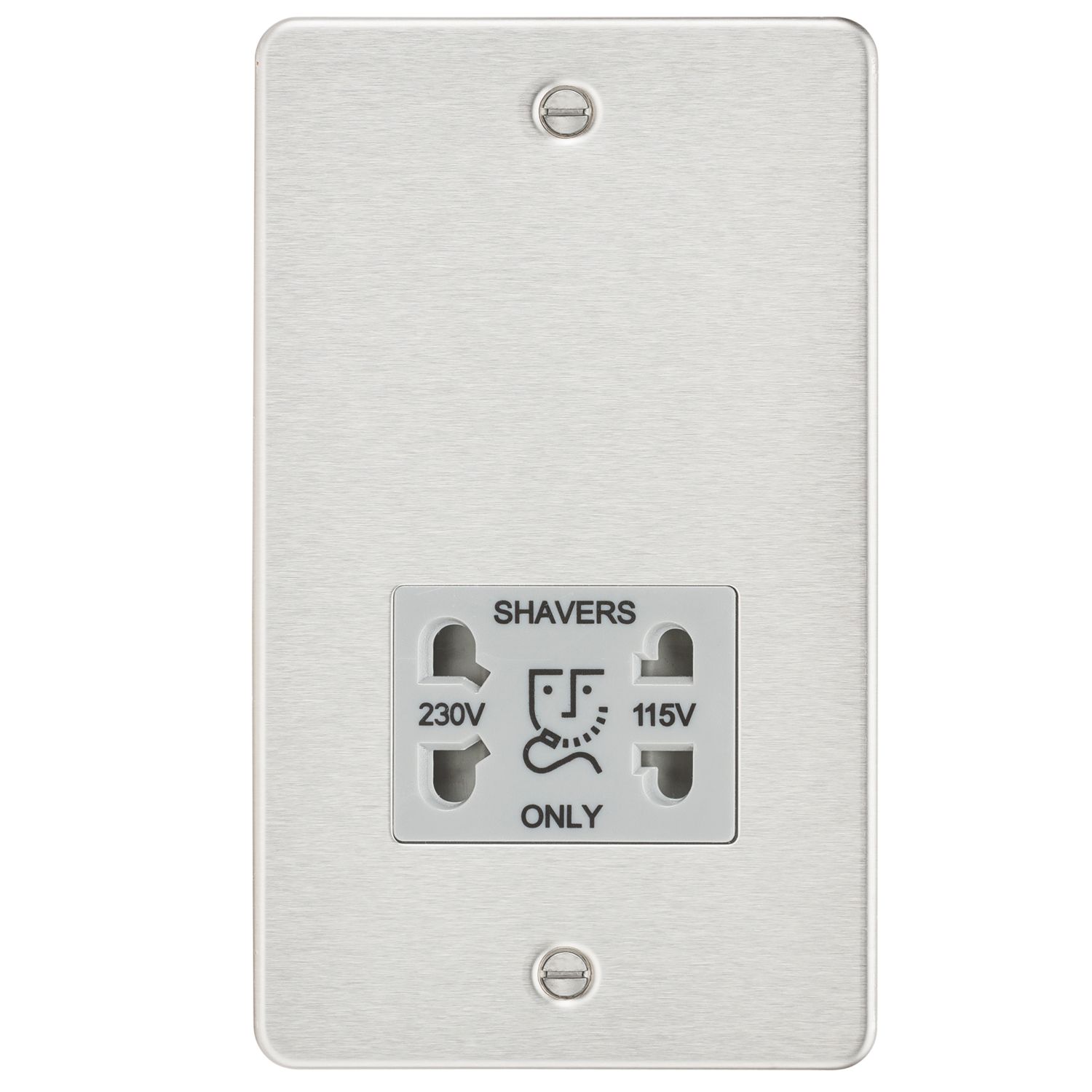 Knightsbridge 2-Gang Dual Voltage Shaver Socket 115 V / 230V Brushed Chrome with Colour-Matched Inserts (246TX)