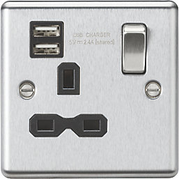 Knightsbridge  13A 1-Gang SP Switched Socket + 2.4A 12W 2-Outlet Type A USB Charger Brushed Chrome with Black Inserts