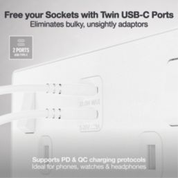 British General Evolve 13A 2-Gang SP Switched Socket + 3.25A 22W 2-Outlet Type C USB Charger Pearlescent White with White Inserts