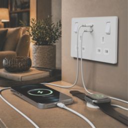 British General Evolve 13A 2-Gang SP Switched Socket + 3.25A 22W 2-Outlet Type C USB Charger Pearlescent White with White Inserts