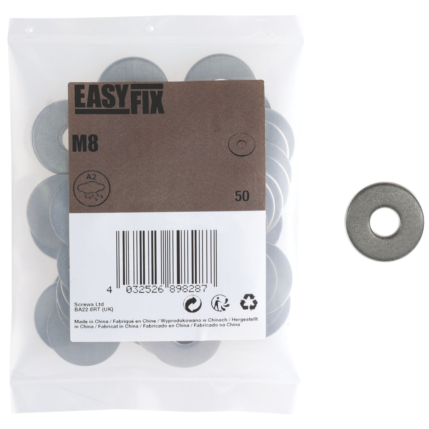 Easyfix A2 Stainless Steel Washers M8 x 1.4mm 50 Pack (248GX)