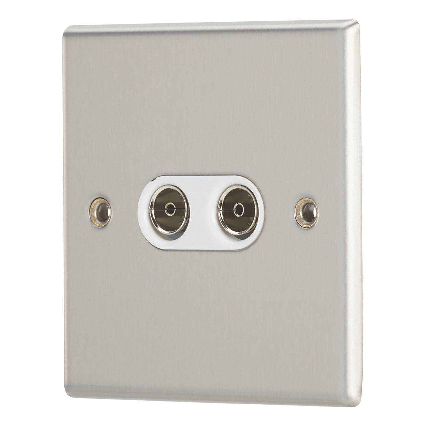 Contactum iConic 2-Gang Female Coaxial TV Socket Brushed Steel with White Inserts (249RP)