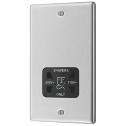 LAP  2-Gang Dual Voltage Shaver Socket 115 / 230V Brushed Stainless Steel with Black Inserts