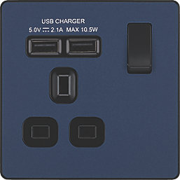 British General Evolve 13A 1-Gang SP Switched Socket + 2.1A 10.5W 2-Outlet Type A USB Charger Blue with Black Inserts