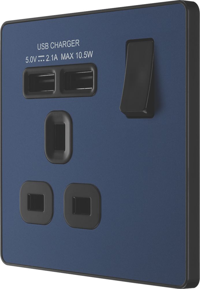 British General Evolve 13A 1-Gang SP Switched Socket + 2.1A 10.5W 2-Outlet Type A USB Charger Blue with Black Inserts