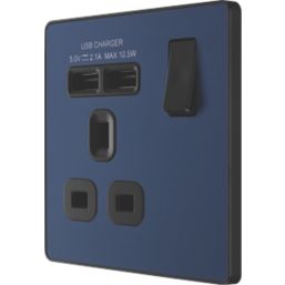 British General Evolve 13A 1-Gang SP Switched Socket + 2.1A 2-Outlet Type A USB Charger Blue with Black Inserts