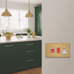 Varilight  45A 2-Gang 2-Pole Cooker Switch & 13A DP Switched Socket Brushed Brass  with White Inserts
