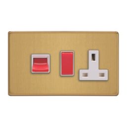 Varilight  45A 2-Gang 2-Pole Cooker Switch & 13A DP Switched Socket Brushed Brass  with White Inserts