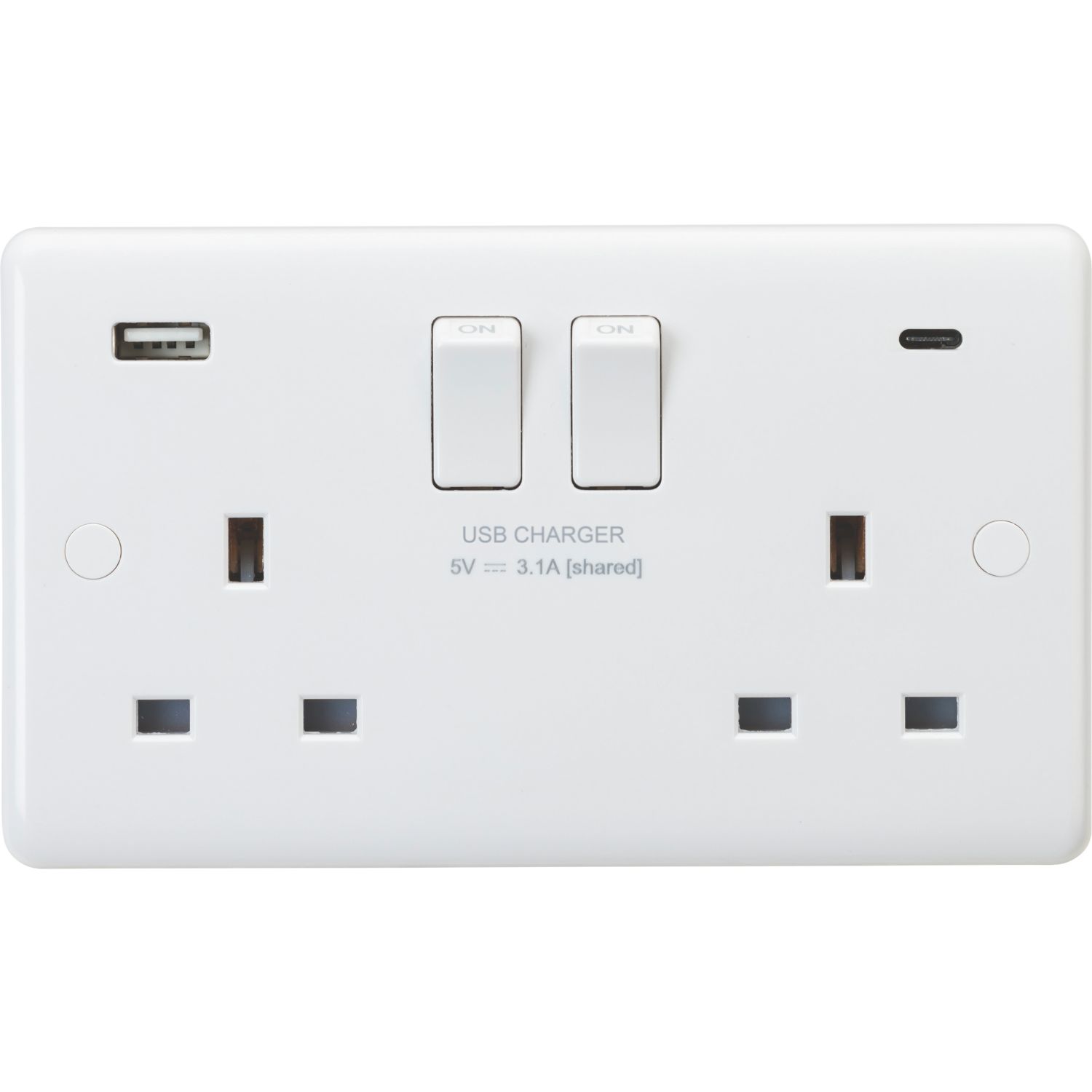 Knightsbridge Curved Edge 13A 2-Gang DP Switched Socket + 3.1A 15.5W 2-Outlet Type A & C USB Charger White (251YA)