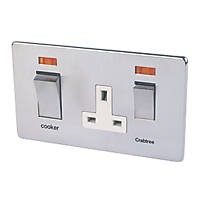 Crabtree Platinum 45 A & 13A 2-Gang DP Cooker Switch & 13A DP Switched Socket Satin Chrome with Neon with White Inserts