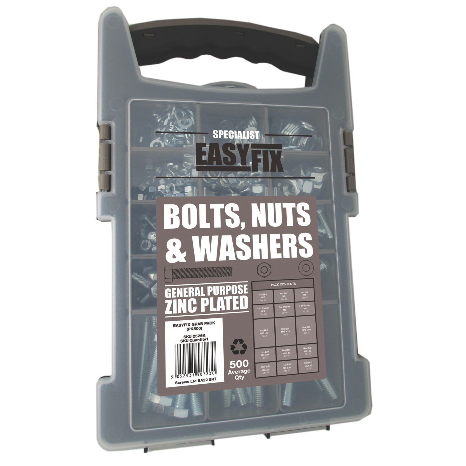 Easyfix Bright Zinc-Plated Mixed Bolts, Nuts & Washers Pack 500 Piece Set (2526K)