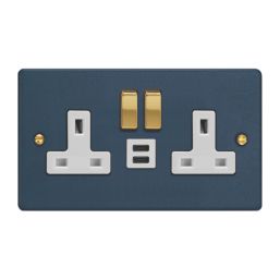 Varilight  13A 2-Gang SP Switched Socket + 3A 45W 2-Outlet Type C USB Charger Midnight Blue with White Inserts