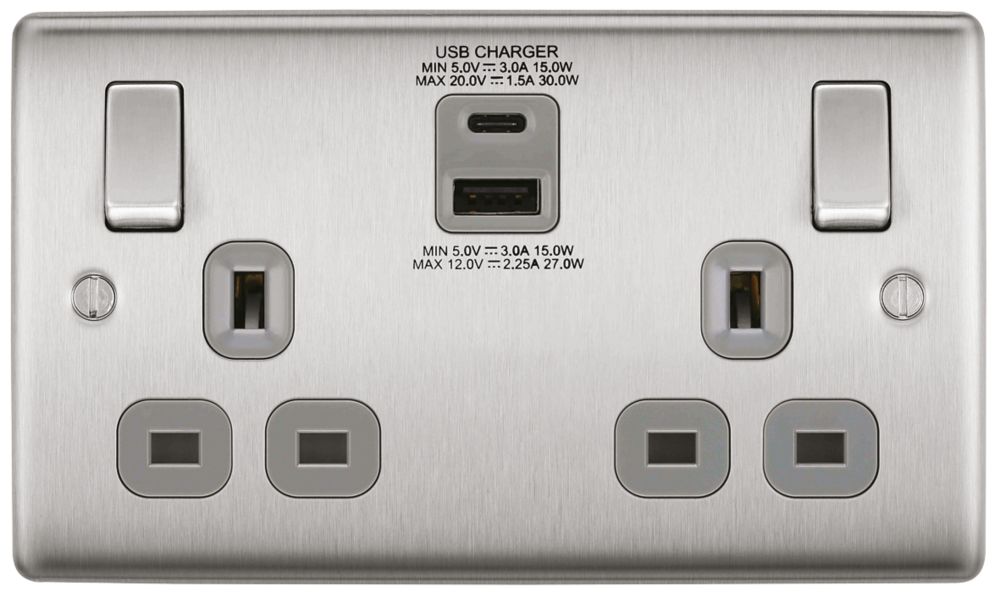 British General Nexus Metal 13A 2-Gang SP Switched Socket + 3A 30W 2-Outlet Type A & C USB Charger Brushed Steel with Graphite Inserts