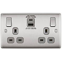 British General Nexus 13A 2-Gang SP Switched Socket + 3A 2-Outlet Type A & C USB Charger Brushed Steel with Graphite Inserts