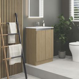 Newland  Double Door Floor Standing Vanity Unit with Basin Effect Natural Oak 600mm x 370mm x 840mm