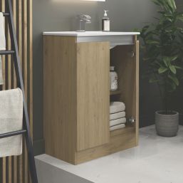 Newland  Double Door Floor Standing Vanity Unit with Basin Effect Natural Oak 600mm x 370mm x 840mm