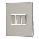 Contactum Lyric 10AX 3-Gang 2-Way Light Switch  Brushed Steel with White Inserts