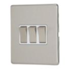 Contactum Lyric 10AX 3-Gang 2-Way Light Switch  Brushed Steel with White Inserts