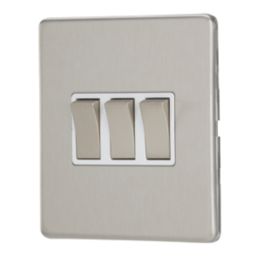 Contactum Lyric 10AX 3-Gang 2-Way Light Switch  Brushed Steel with White Inserts