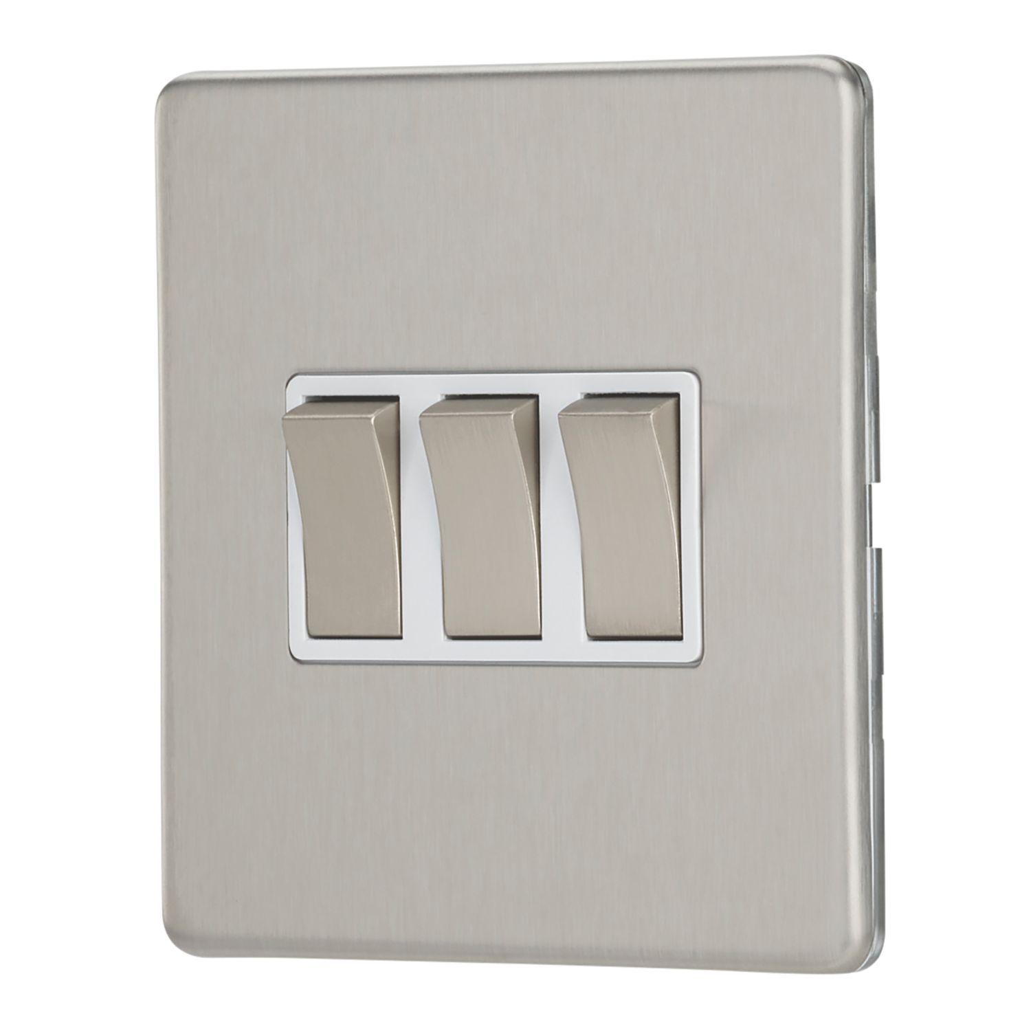 Contactum Lyric 10AX 3-Gang 2-Way Light Switch Brushed Steel with White Inserts (253RP)