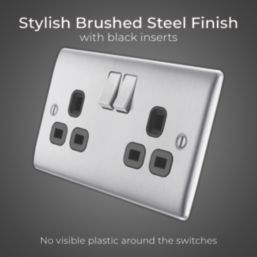 British General Nexus Metal 13A 2-Gang SP Switched Power Socket Brushed Steel  with Black Inserts