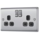British General Nexus Metal 13A 2-Gang SP Switched Power Socket Brushed Steel  with Black Inserts