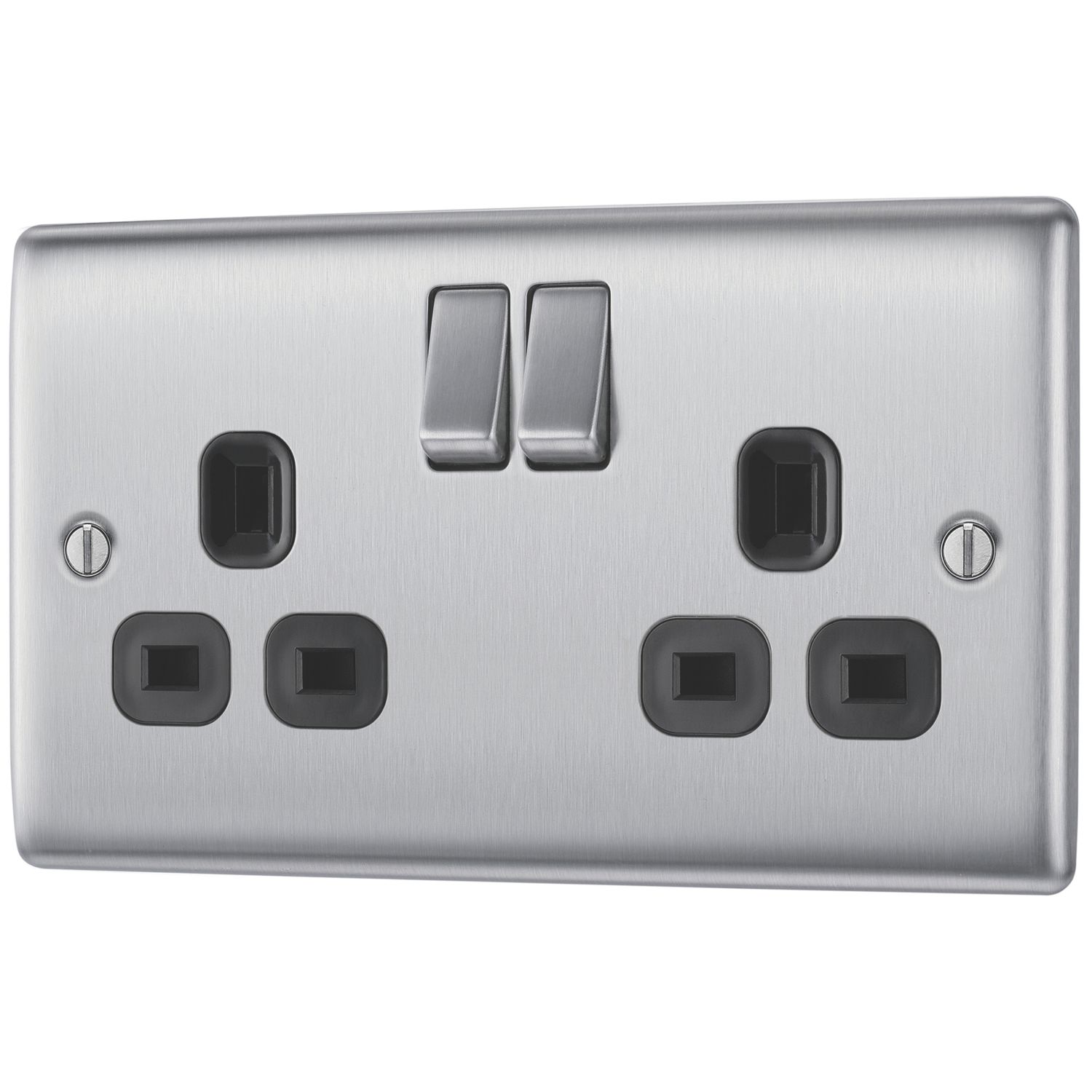 British General Nexus Metal 13A 2-Gang SP Switched Power Socket Brushed Steel with Black Inserts (253XF)