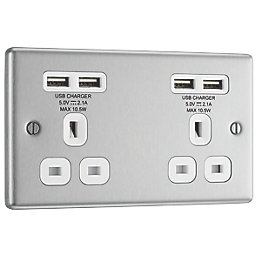 LAP  13A 2-Gang Unswitched Socket + 4.2A 4-Outlet Type A USB Charger Brushed Stainless Steel with White Inserts