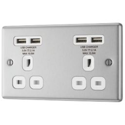 LAP  13A 2-Gang Unswitched Socket + 4.2A 10.5W 4-Outlet Type A USB Charger Brushed Stainless Steel with White Inserts