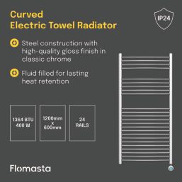 Flomasta 1200mm x 600mm 1364BTU Chrome Curved Electric Towel Radiator