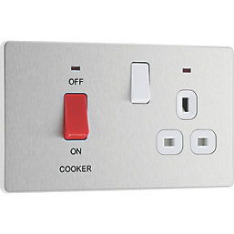 British General Evolve 45A 2-Gang 2-Pole Cooker Switch & 13A DP Switched Socket Brushed Steel with LED with White Inserts