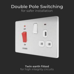 British General Evolve 45A 2-Gang 2-Pole Cooker Switch & 13A DP Switched Socket Brushed Steel with LED with White Inserts
