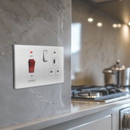 British General Evolve 45A 2-Gang 2-Pole Cooker Switch & 13A DP Switched Socket Brushed Steel with LED with White Inserts