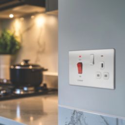 British General Evolve 45A 2-Gang 2-Pole Cooker Switch & 13A DP Switched Socket Brushed Steel with LED with White Inserts