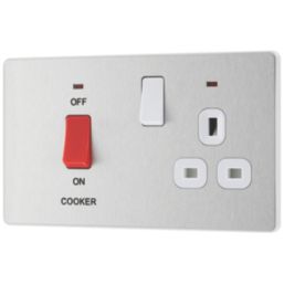 British General Evolve 45A 2-Gang 2-Pole Cooker Switch & 13A DP Switched Socket Brushed Steel with LED with White Inserts