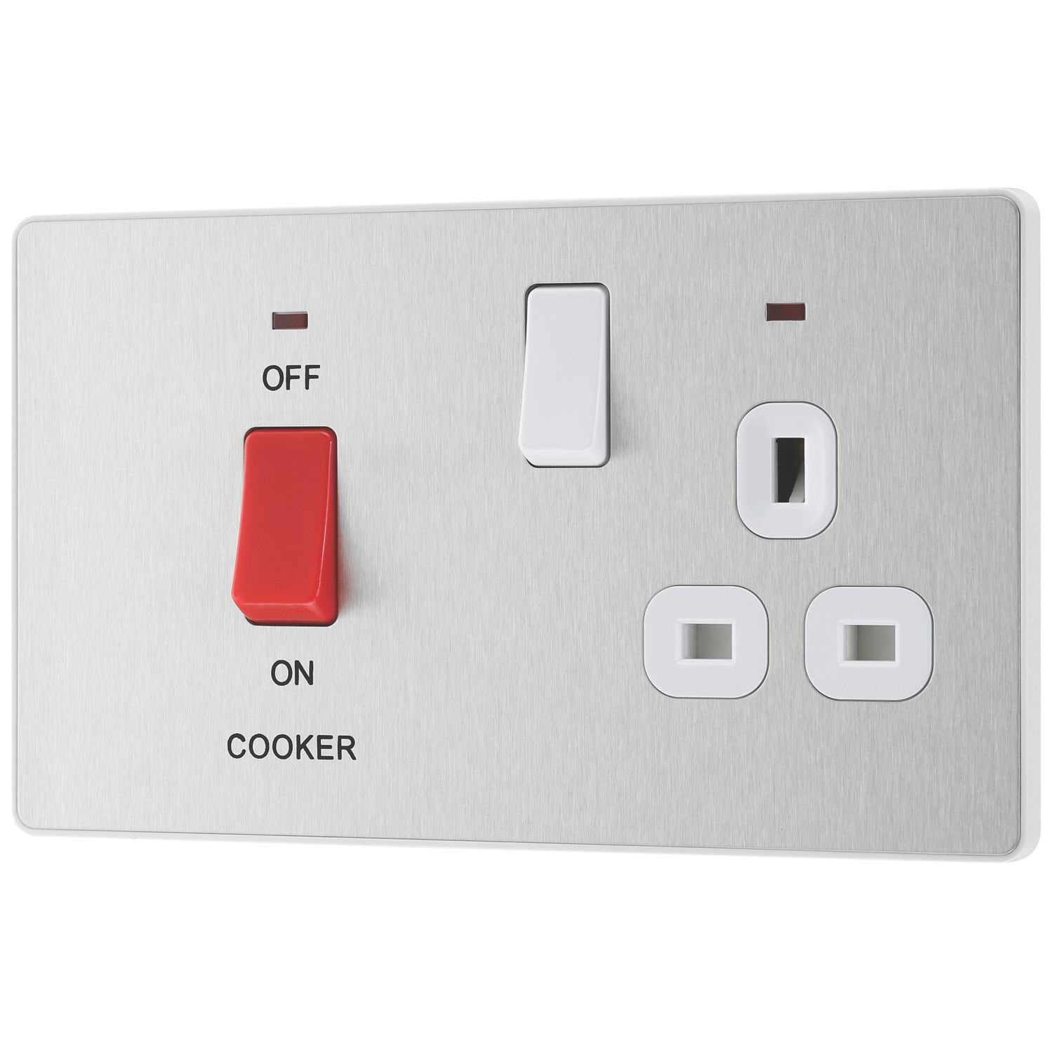 British General Evolve 45A 2-Gang 2-Pole Cooker Switch & 13A DP Switched Socket Brushed Steel with LED with White Inserts (255PX)