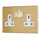 Contactum Lyric 13A 2-Gang DP Switched Socket Outlet Brushed Brass  with White Inserts