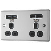 LAP  13A 2-Gang Unswitched Socket + 4.2A 4-Outlet Type A USB Charger Brushed Stainless Steel with Black Inserts