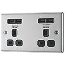 LAP  13A 2-Gang Unswitched Socket + 4.2A 4-Outlet Type A USB Charger Brushed Stainless Steel with Black Inserts