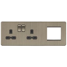 Knightsbridge  13A 2-Gang DP Multimedia Plate Antique Brass with Black Inserts