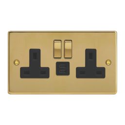 Varilight  13A 2-Gang SP Switched Socket + 3A 45W 2-Outlet Type C USB Charger Polished Brass with Black Inserts