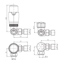 ETAL Danva 15mm x 1/2" Brushed Brass Corner Modern Thermostatic Radiator Valve & Lockshield