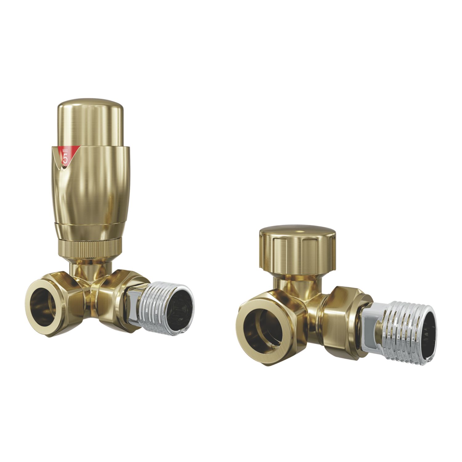 ETAL Danva 15mm x 1/2" Brushed Brass Corner Modern Thermostatic Radiator Valve & Lockshield (258RT)