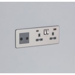 Knightsbridge SFR992RBCG 13A 2-Gang DP Combination Plate + 4.0A 18W 2-Outlet Type A & C USB Charger Brushed Chrome with Colour-Matched Inserts