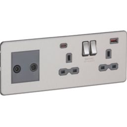 Knightsbridge SFR992RBCG 13A 2-Gang DP Combination Plate + 4.0A 18W 2-Outlet Type A & C USB Charger Brushed Chrome with Colour-Matched Inserts